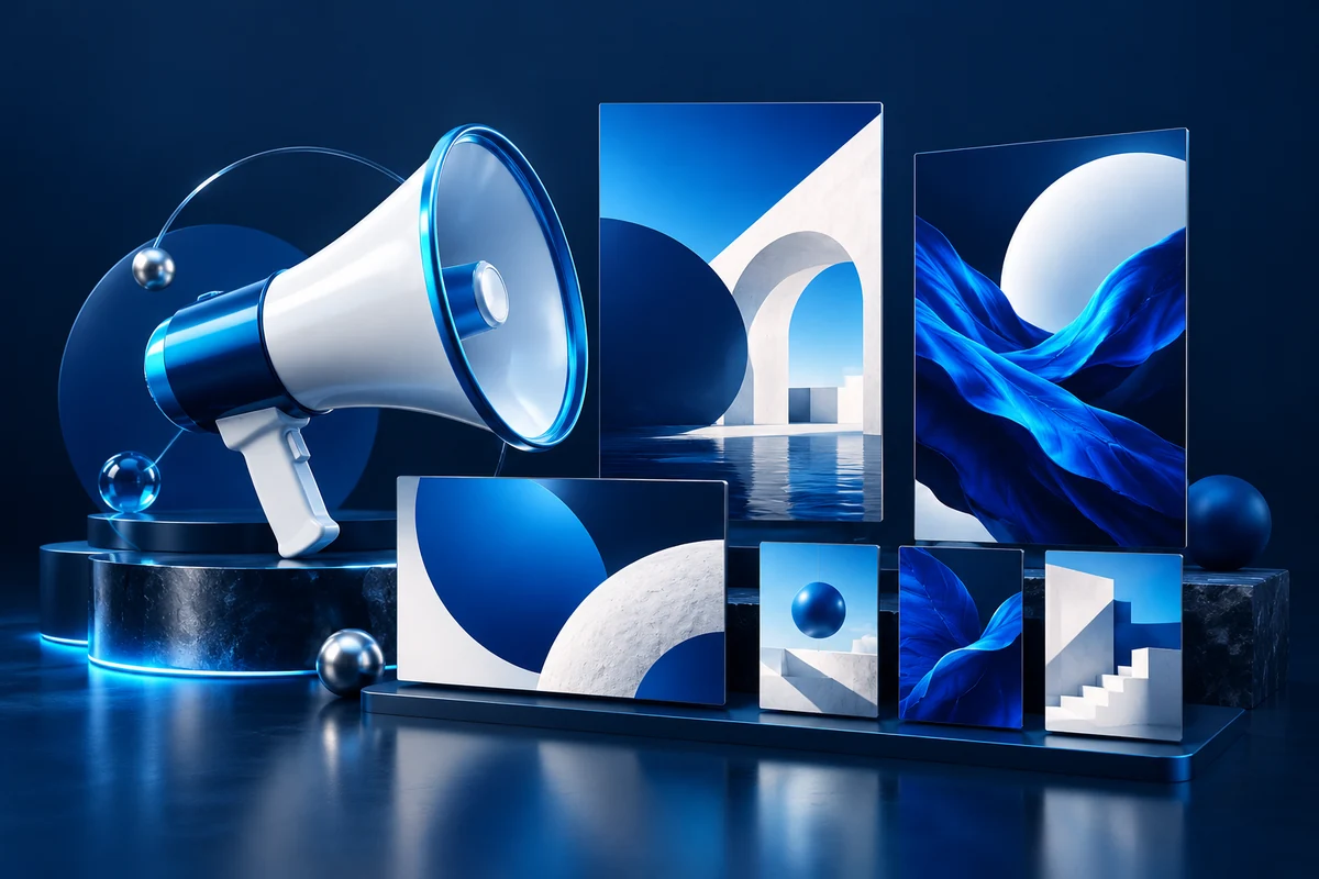 Illustration de création publicitaire avec mégaphone et supports visuels